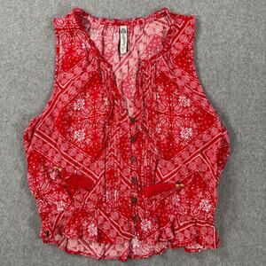 American Rag Cie V-Neck Tank Top Women's Large Ruffle Tassel Red/White Button